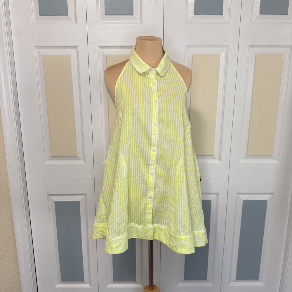 Anthropologie Yellow White Striped‎ Seersucker Open Back Halter Top OB1953539 L